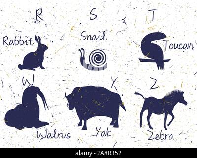 Alphabet mit Tieren sillhouette. Inklusive name, Font, Briefe. ABC für Kinder mit Niedlichen Tier Zeichen. Vector Illustration, auf Rückseite weiß, isoliert Stock Vektor