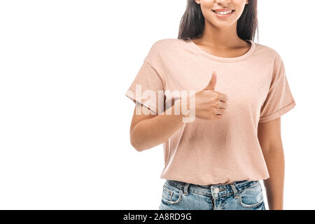 7/8-Ansicht von lächelnden afrikanische amerikanische Frau, Daumen hoch, isoliert auf weißem Stockfoto