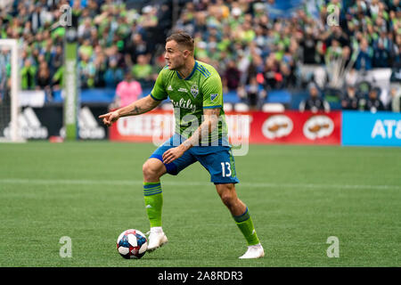 Seattle, USA. 10 Nov, 2019. Jordanien Morris (13) auf die Kugel in der MLS Cup Finale. Credit: Ben Nichols/Alamy leben Nachrichten Stockfoto