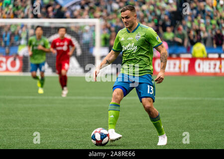 Seattle, USA. 10 Nov, 2019. Jordanien Morris (13) auf die Kugel in der MLS Cup Finale. Credit: Ben Nichols/Alamy leben Nachrichten Stockfoto