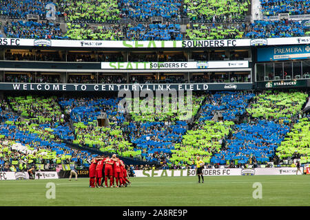 Seattle, USA. 10 Nov, 2019. Seattle tifo in der MLS Cup Finale hatte das gesamte Stadion beteiligt. Credit: Ben Nichols/Alamy leben Nachrichten Stockfoto