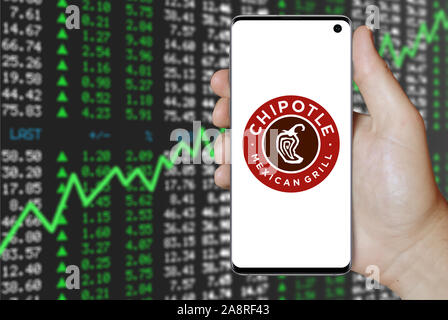 Logo der öffentlichen Unternehmen Chipotle Mexican Grill angezeigt auf einem Smartphone. Positive Börse Hintergrund. Credit: PIXDUCE Stockfoto