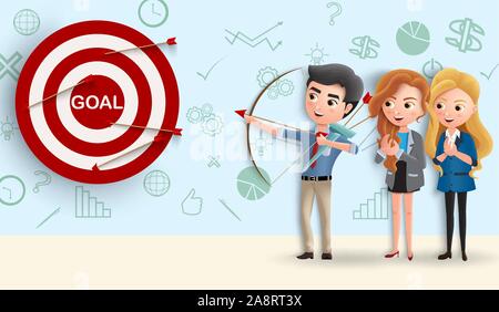 Business Charakter team Ziele vektor Konzept. Business Menschen Ziel in Dart mit Bogenschießen für Vertrieb und Marketing. Vector Illustration Stock Vektor