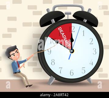 Business Termin vektor Charakter Konzept. Man business Charakter ziehen Wecker Pfeil vor Ablauf der Frist mit Seil in Braun Wand Hintergrund. Stock Vektor