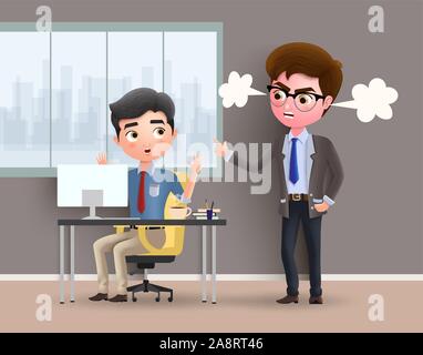 Wütend boss business Charakter vektor Konzept. Office Mitarbeiter von wütenden Chef erwischt beim Arbeiten im Büro. Vector Illustration. Stock Vektor