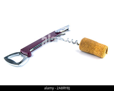 Korken aus der Flasche Wein und ein Korkenzieher auf einem weißen Hintergrund. Für Text platzieren. Stockfoto