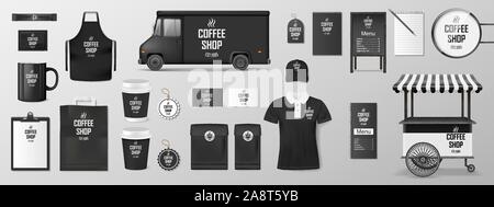 Mockup für Coffee Shop, Café oder Restaurant. Kaffee corporate identity Design. Realistische Satz von Pappe, Papier, Lebensmittel Lieferwagen, Schale Stock Vektor