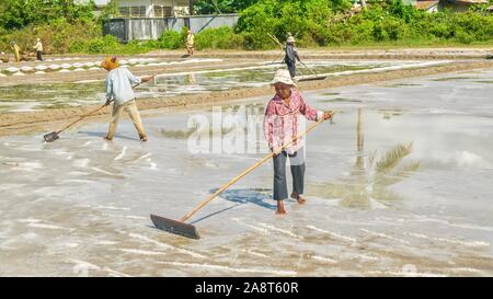 Kambodschanische Arbeiter ernten Meersalz aus Felder auf einem ländlichen Bauernhof in der Provinz Kampot, Kambodscha. Stockfoto