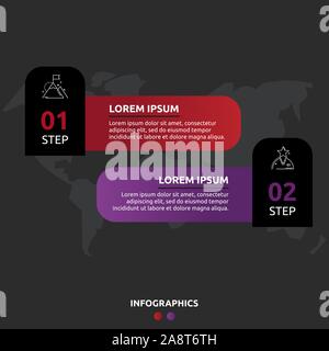 Vektor Infografik Vorlage auf schwarzem Hintergrund. Etiketten mit Text und Symbolen für zwei Diagramme, Graphen, Flussdiagramm, Timeline, Marketing, Präsentation. Stock Vektor