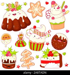 Satz von Süße Weihnachten Süße Symbole in kawaii Stil mit lächelnden Gesicht und rosa Wangen. Pudding, Kuchen, Lebkuchen, Plätzchen, Kuchen. EPS8 Stock Vektor