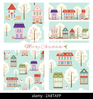 Satz von nahtlosen Weihnachten Muster mit niedlichen Häuser im Retro-Stil. Endlose Textur kann für Tapeten verwendet werden, musterfüllungen, Webseite Hintergrund, Sur Stock Vektor