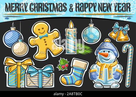 Vektor für Weihnachten und das neue Jahr, dekorative schneiden Sie Abbildungen von hängenden Kugeln, cartoon Gingerbread Man, goldenen Glocken mit Schleife, Geschenkboxen set Stock Vektor