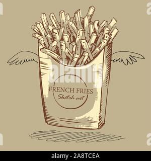 Skizzenkunst einer Packung pommes frites auf einem neutralen hellbraunen Hintergrund in einem gesunden Diätkonzept. Vektordarstellung. Stock Vektor