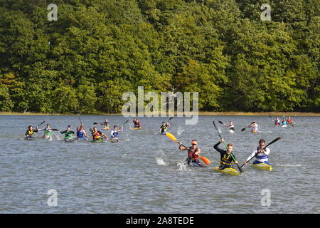 Canoe Racing auf dem River Hamble. Blick von der Mole in River Hamble Country Park. Hasler Finale 2019 Stockfoto