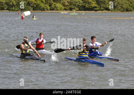 Canoe Racing auf dem River Hamble. Blick von der Mole in River Hamble Country Park. Hasler Finale 2019 Stockfoto