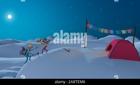 Menschen klettern Hügel im Schnee Nacht und helfen einander, 3D-Rendering Stockfoto