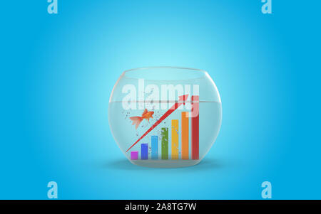 3D-Stock Exchange Financial Business Plan Symbol in einem Aquarium symbolisiert Liebe, Beziehungen, Global Finance, Business und Wirtschaft, während ein Goldfisch Stockfoto