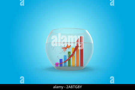 3D-Stock Exchange Financial Business Plan Symbol in einem Aquarium symbolisiert Liebe, Beziehungen, Global Finance, Business und Wirtschaft, während ein Goldfisch Stockfoto