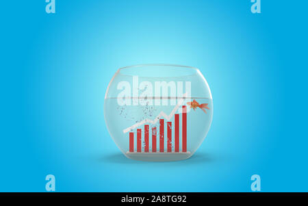 3D-Stock Exchange Financial Business Plan Symbol in einem Aquarium symbolisiert Liebe, Beziehungen, Global Finance, Business und Wirtschaft, während ein Goldfisch Stockfoto