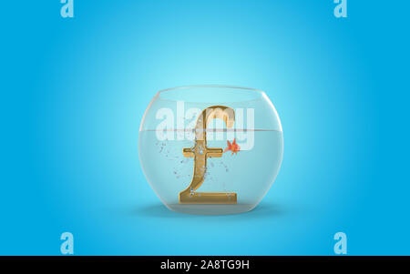 3D-Pound Symbol in einem Aquarium symbolisiert Liebe, Beziehungen, Global Finance, Business und Wirtschaft, während ein goldfisch Uhren. 3D-Rendering. Stockfoto