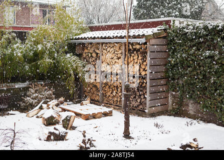 Protokolle von Brennholz im Wald stack Lagerschuppen im Winter bei Schneefall im Freien Stockfoto