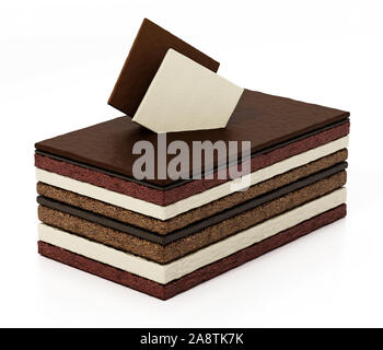 Chocolate Cake Slice mit mehreren Ebenen. 3D-Darstellung. Stockfoto