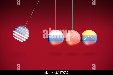 United Flaggenstaaten in einer Wiege aus Glas ist über feindliche Länder zu schlagen und sie zu brechen. Politik Konzept. Bild mit hoher Auflösung. 3D-Rendering. Stockfoto