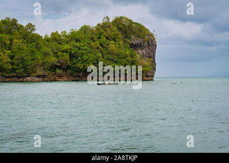 Fischer auf dem kleinen Boot fischen mit dem Netz auf Los Haitises National Park, Halbinsel Samana, Dominikanische Republik. Stockfoto