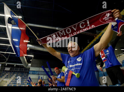 Chomutov, Tschechische Republik. 10 Nov, 2019. Slowenische Fans feiern den Sieg ihrer Mannschaft in der Champions League der Frauen Handball 5. Runde Gruppe D Match DHK Banik Die meisten vs RK Krim Mercator in Chomutov, Tschechische Republik, 10. November 2019. Credit: Ondrej Hajek/CTK Photo/Alamy leben Nachrichten Stockfoto