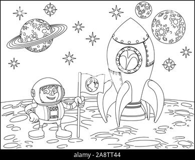 Rocket Astronaut und Planeten Raum Cartoon Szene Stock Vektor