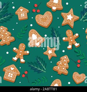 Lebkuchen cookie Muster. Festliche Hintergrund mit Blättern und Beeren. Vector Illustration im flachen Stil Stock Vektor