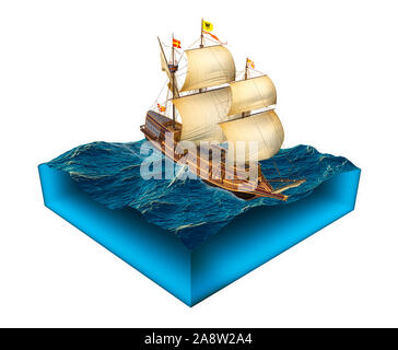 Querschnitt der sauberen Meer Wasser auf weißem Hintergrund mit Modell der historischen Schiff spanische Galeone isoliert. 3D-Render Abbildung. Stockfoto