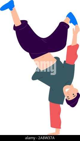 Abbildung: ein Kerl tanzen auf den Kopf. Vektor. Eine junge Tänzerin steht auf einem Arm. Flat Style. Bild isoliert auf einem weißen Hintergrund. Beute zu t Stock Vektor