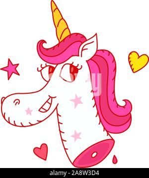 Abbildung einer niedlichen Einhorn mit einem rosa Mähne. Vektor. Der abgerissenen Kopf eines lebenden Einhorn. Muster für Gewebe, Kleidung oder Geschenkpapier. Kawaii iro Stock Vektor