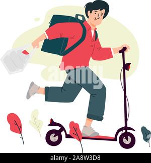 Abbildung: ein Kurier Kerl auf einem elektrischen scooter. Vektor. Lieferung von Waren und Produkten. Jugend business männlichen Bild. Flat Style. Maskottchen für die co Stock Vektor