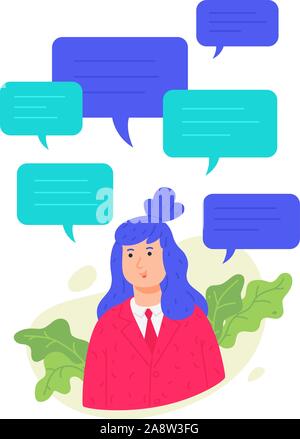 Abbildung: ein Mädchen mit Text Messaging. Vektor. Frau in einem rosafarbenen Jacke mit Comic blasen. User Profil von der Website. Gespräch in der messenge Stock Vektor
