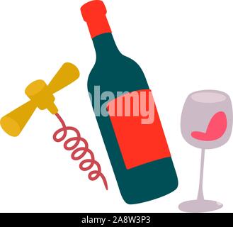 Abbildung: eine Flasche Wein, ein Glas und ein Korkenzieher. Vektor. Aufkleber für Wein Getränke. Symbol für Website und Label. Abzeichen für Weinliebhaber. Stock Vektor