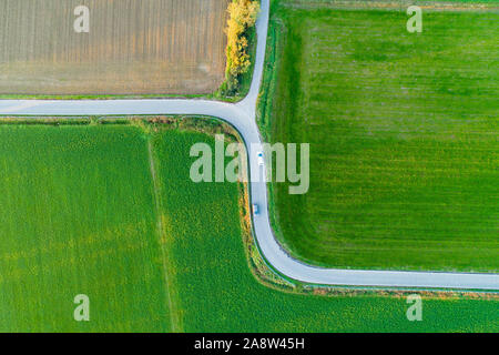 Kleines Land straße zwischen grünen Wiesen mit 2 Kurven und 2 Autos von oben gesehen. Bird's Eye View. Stockfoto