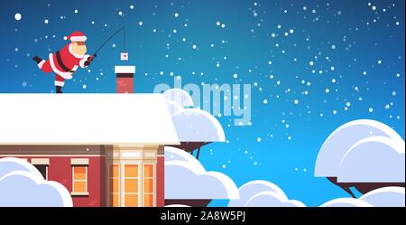 Santa Claus auf dem Dach in der Nähe von Schornstein mit Angelrute frohe Weihnachten Frohes neues Jahr Urlaub Konzept Winter Schneefall Hintergrund Grußkarte in voller Länge horizontale Vektor illustration Stock Vektor