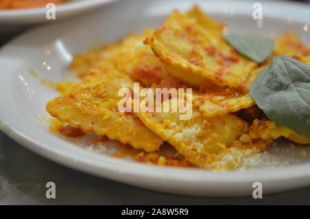 Leckere frische Tortellini mit Tomatensoße und Basilikum Stockfoto