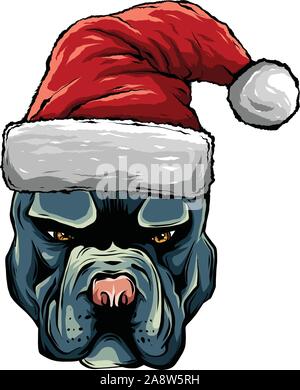 Weihnachtskarte. Poster von portrait Bulldogge in einem Santa s hat. Vector Illustration. Stock Vektor