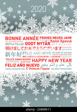 Prosit Neujahr Grußkarte in verschiedenen Weltsprachen Stockfoto