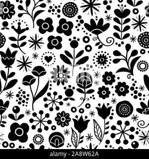 Folk floral nahtlose Vektor Muster - Hand gezeichnet Vintage skandinavischen Stil textile Design mit schwarzen und weißen Blumen Stock Vektor