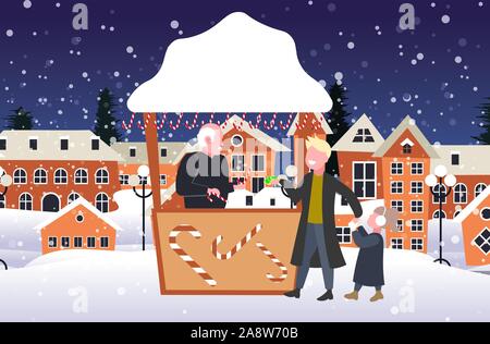 Vater mit Tochter kaufen Lollipop candy in Süßigkeiten Weihnachtsmarkt Winter Messekonzept Frohes neues Jahr frohe weihnachten urlaub Nacht Stadtbild Hintergrund voller Länge Skizze horizontale Vektor illustration Abschaltdruck Stock Vektor