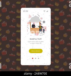 Vater mit Tochter kaufen Lollipop candy in Süßigkeiten Weihnachtsmarkt Winter Messekonzept Frohes neues Jahr frohe weihnachten urlaub Bildschirm des Smartphones online mobile App in voller Länge Skizze Vektor-illustration Abschaltdruck Stock Vektor