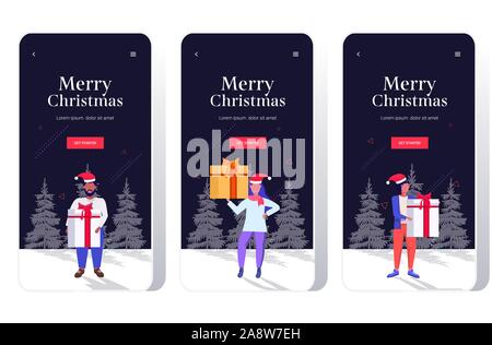 Mix rennen Leute in santa hut Holding Geschenk Geschenk Box frohe Weihnachten Frohes neues Jahr Urlaub feier Konzept smartphone Bilder online mobile App in voller Länge Skizze horizontale Vektor Abbildung Stock Vektor