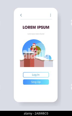 Weihnachtsmann mit Sack, stehend auf dem Dach in der Nähe von Schornstein frohe Weihnachten Frohes neues Jahr Urlaub Konzept der Bildschirm des Smartphones online mobile App Gruß-Karte voller Länge vertikale Vektor illustration Stock Vektor