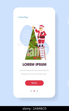 Santa Claus auf Leiter Dekoration Tannenbaum frohe Weihnachten Frohes neues Jahr Urlaub Konzept der Bildschirm des Smartphones online mobile App Grußkarte vertikale Vektor illustration Stock Vektor