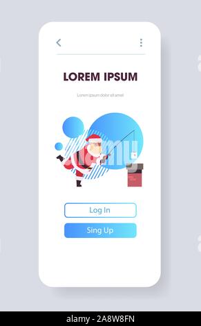 Santa Claus auf dem Dach in der Nähe von Schornstein mit Angelrute frohe Weihnachten Frohes neues Jahr Urlaub Konzept der Bildschirm des Smartphones online mobile App Gruß-Karte voller Länge vertikale Vektor illustration Stock Vektor