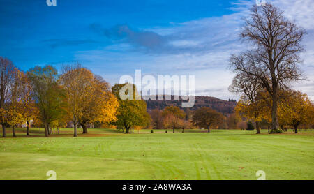 Charmante Herbst Landschaft in Schottland - Bunte Bäume, Gras, Wald, blauer Himmel Stockfoto